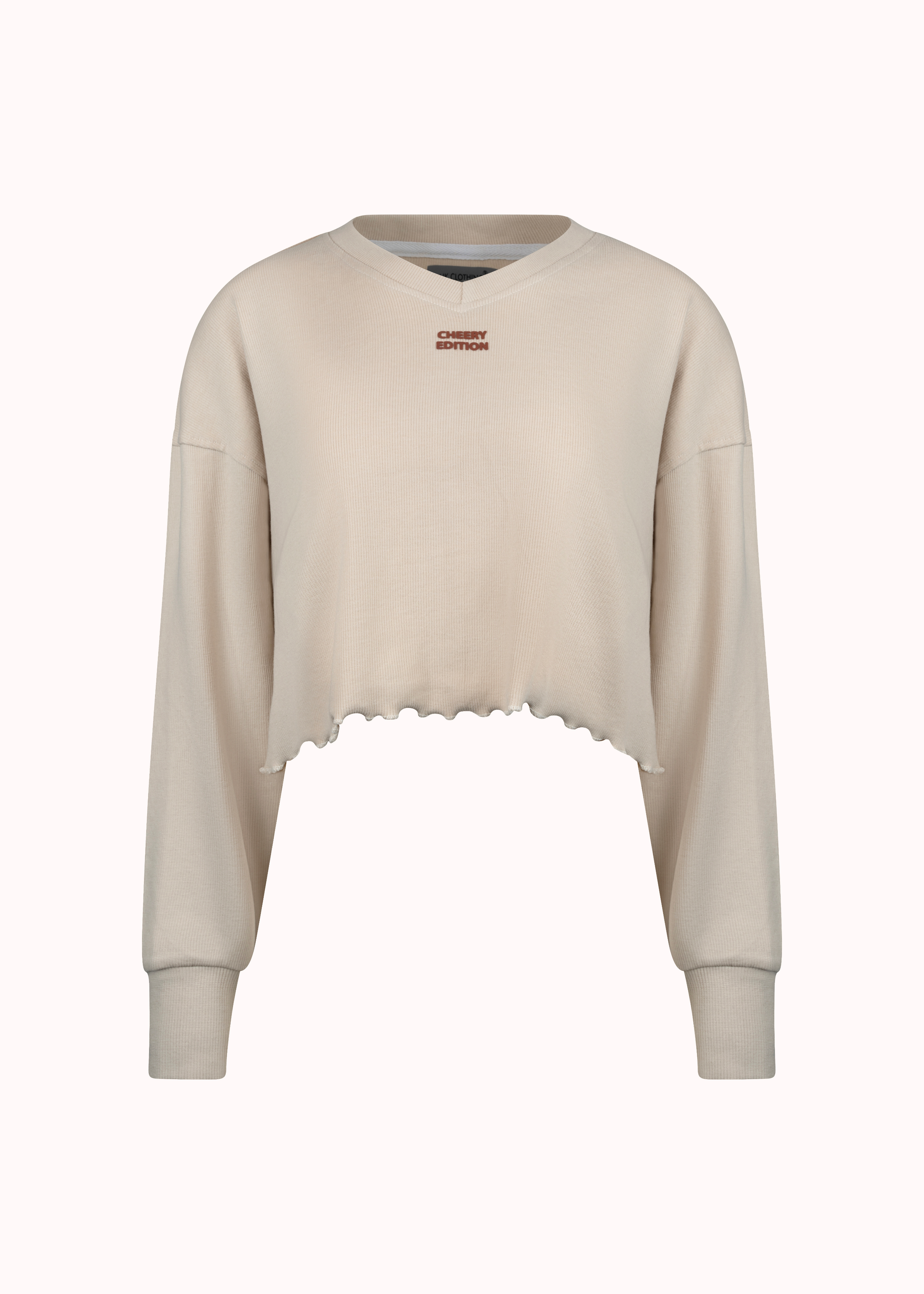 Beige ribbed oversized solid crop-top