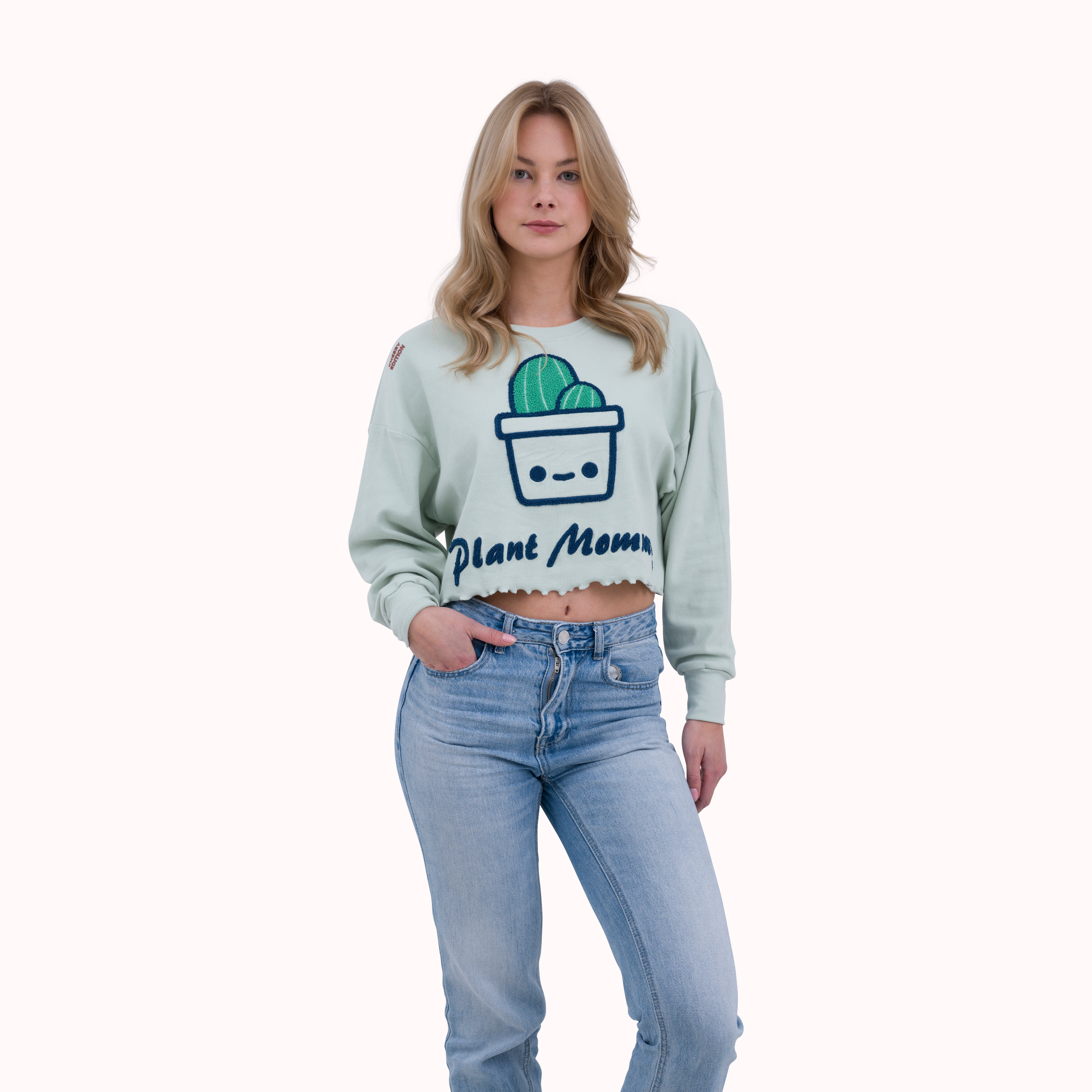 Green ribbed oversized embroidered crop top