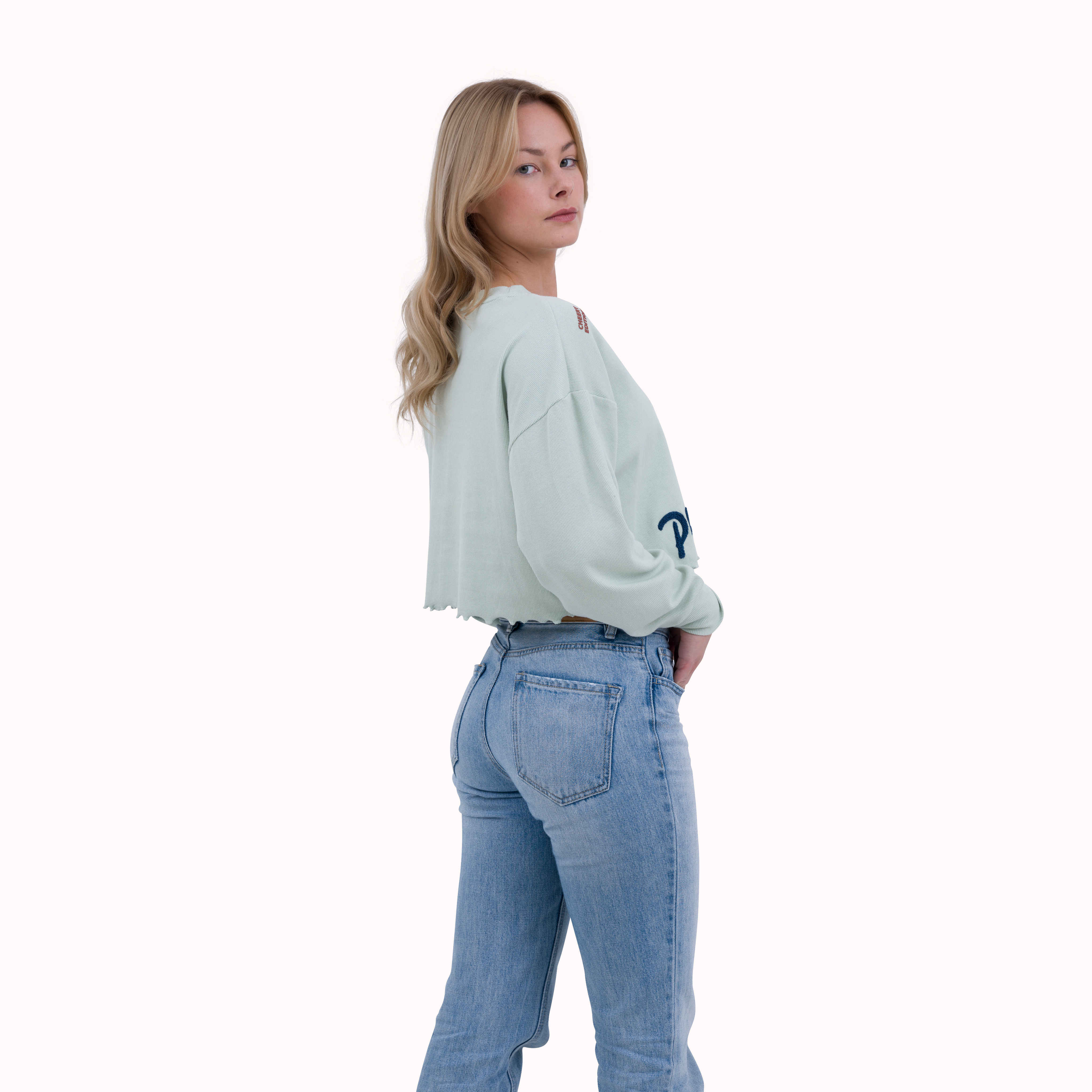 Green ribbed oversized embroidered crop top