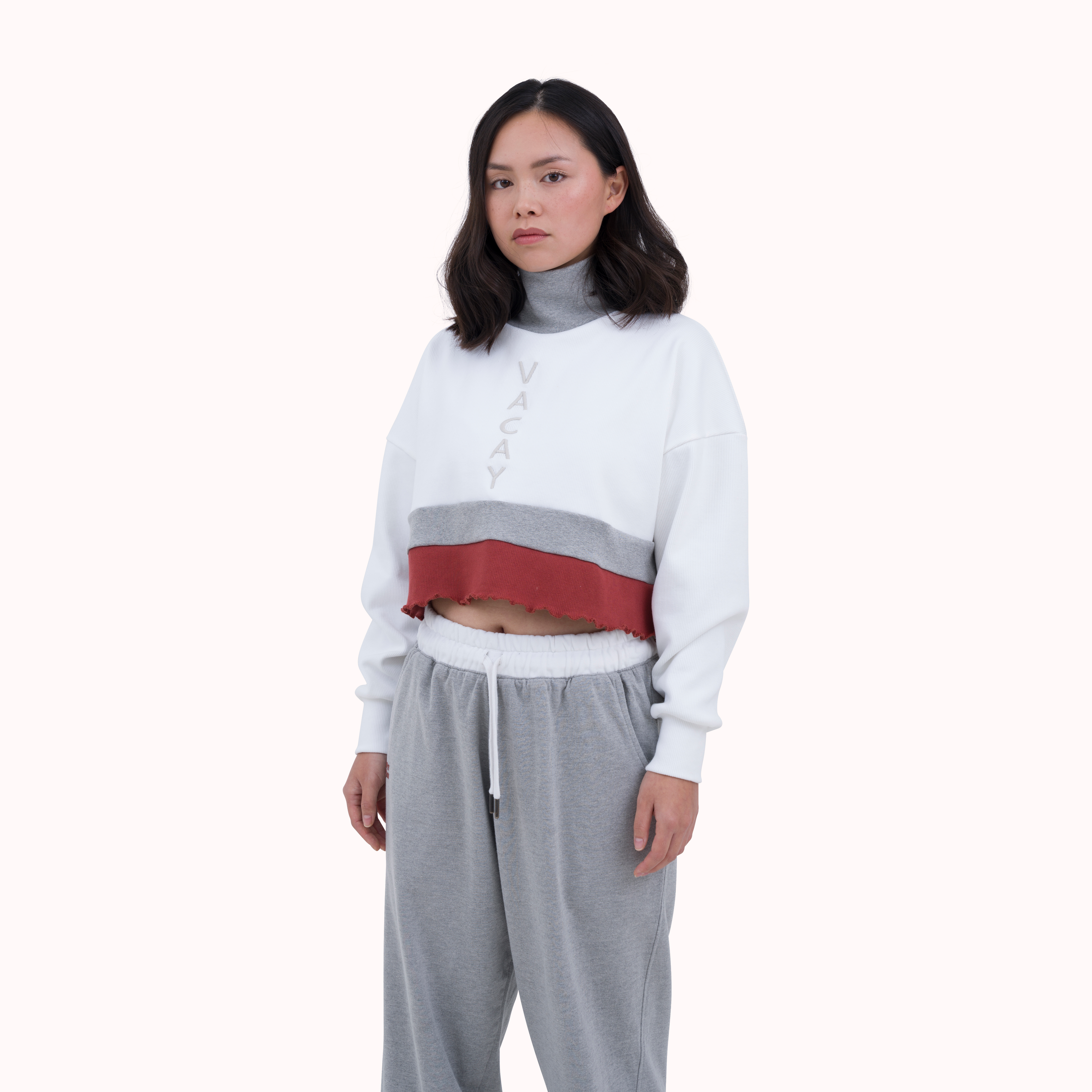 Colourblocked ribbed oversized embroidered cut sew crop top