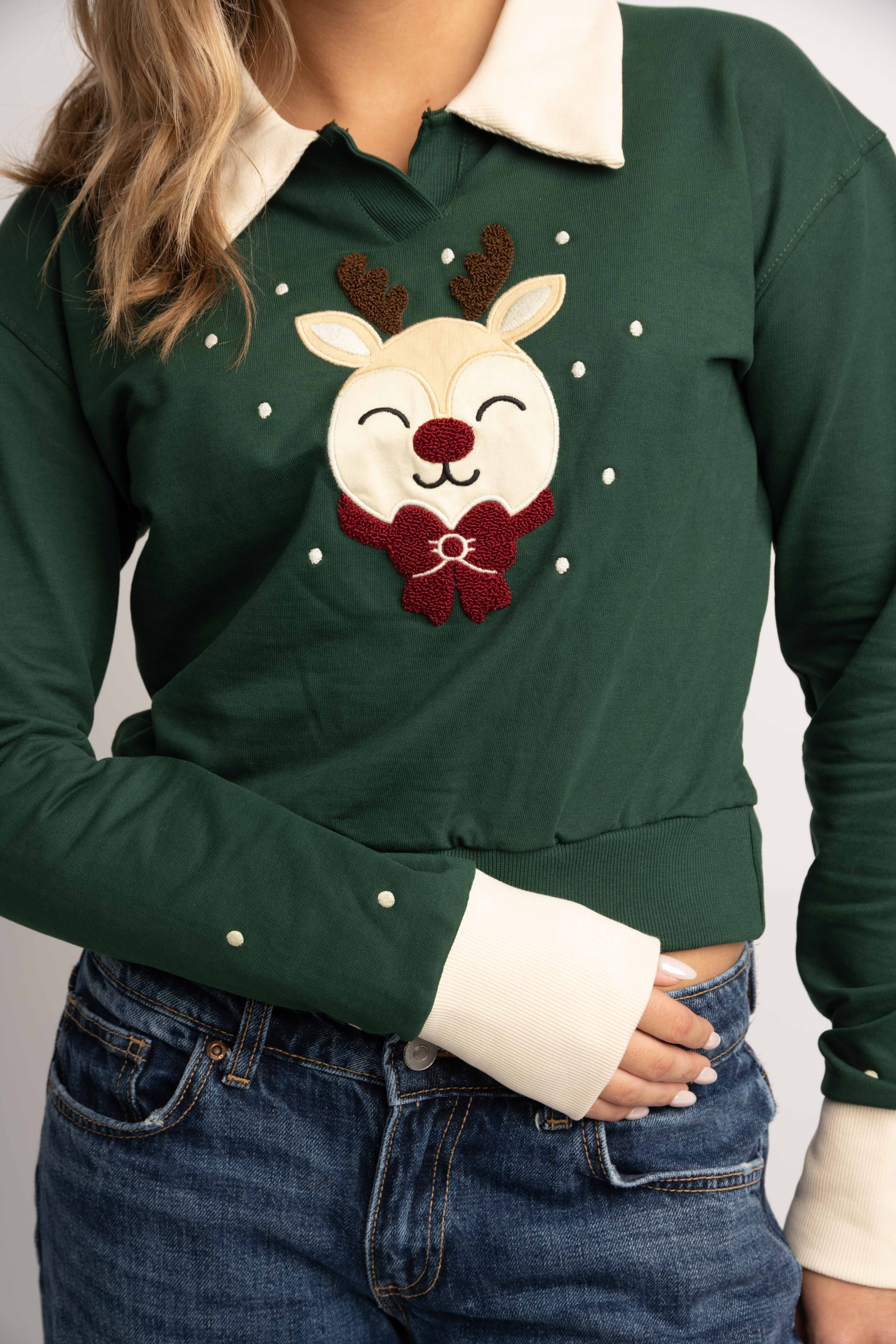 CROPPED POLO COLLARED CHRISTMAS SWEATSHIRT