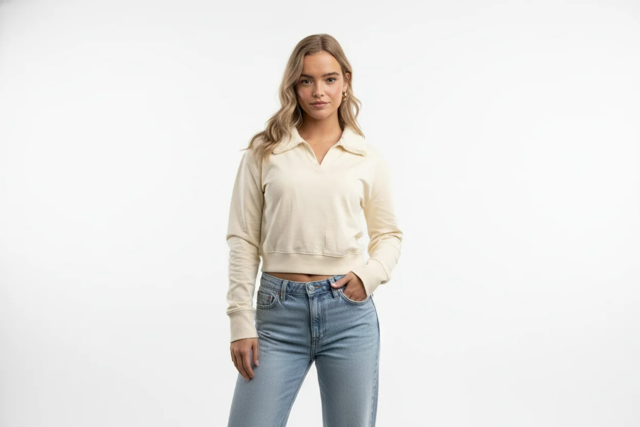 FUR NECK CROPPED POLO SWEATSHIRT