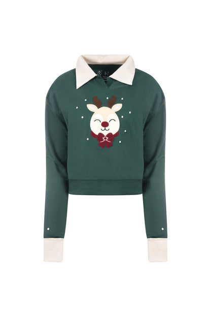 CROPPED POLO COLLARED CHRISTMAS SWEATSHIRT